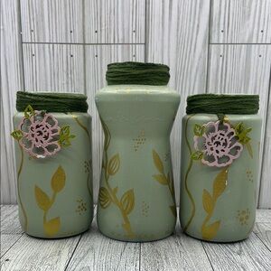 Set of 3 Green Decorative Jars with Floral Design